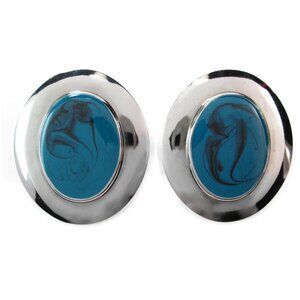 Large Oval Silver Tone Turquoise Teal Enamel Earring Swirl 80s Southwest Clip